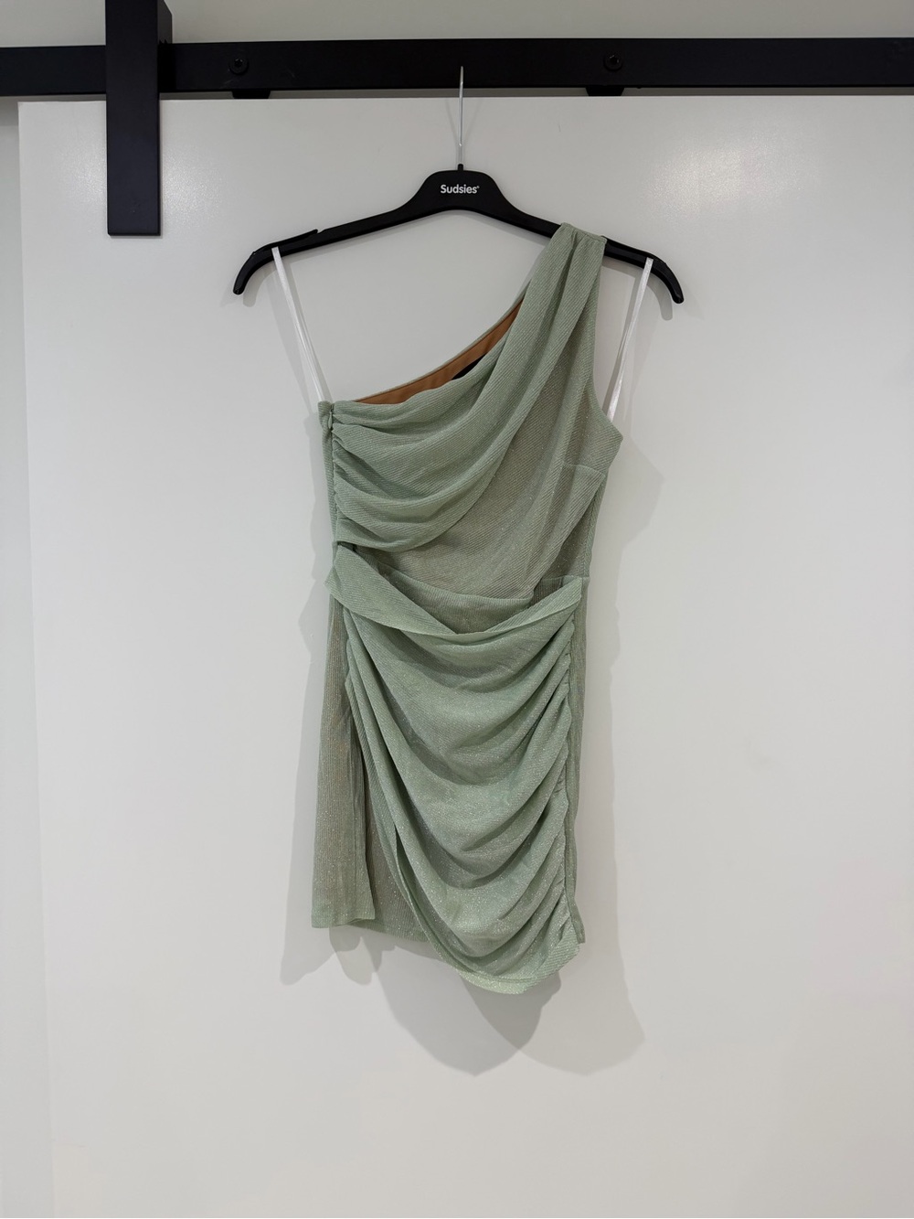 Michael Costello One-Shoulder Draped Mini Dress in Sage Green